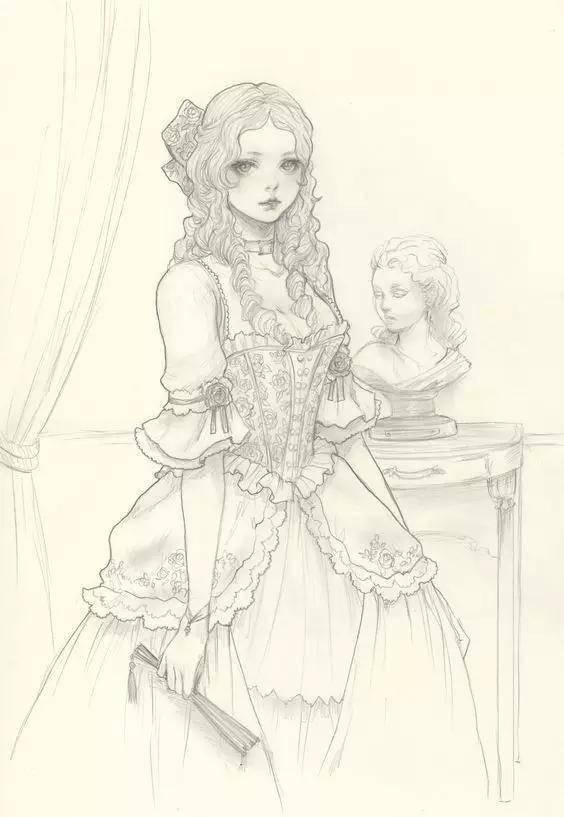 难得一见的人物插画手稿,可爱的西方古典女孩,值得收藏