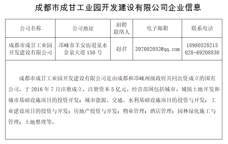 公司電子郵箱(詳見下圖《成都市成甘工業園開發建設有限公司企業信息