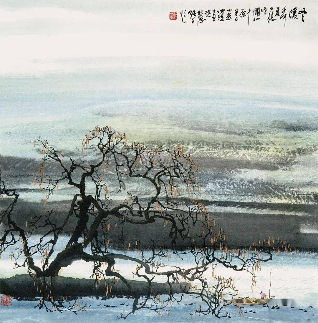 榕树下乡村情景水墨画