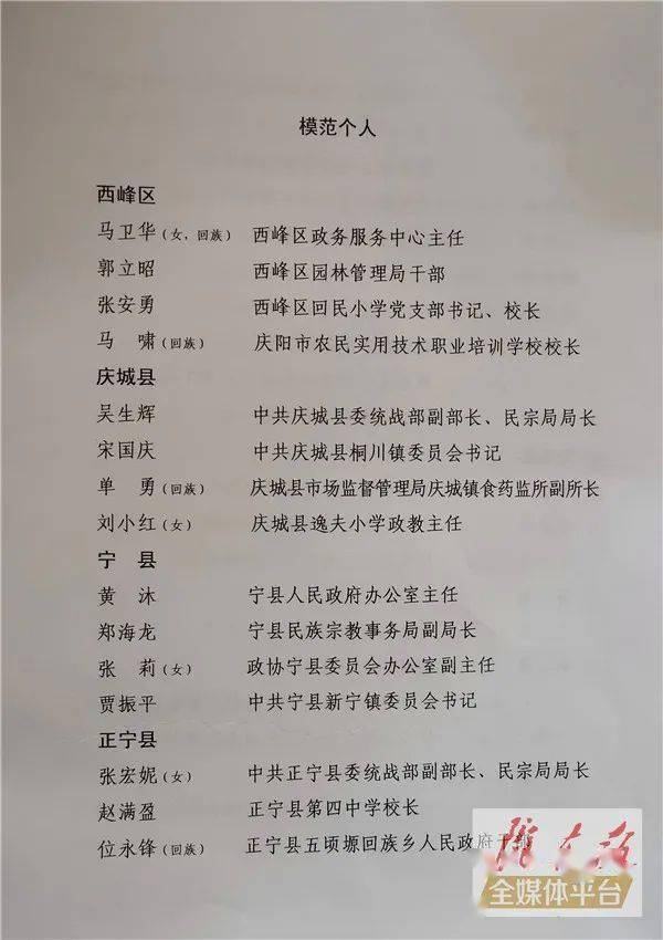 获得"庆阳市民族团结进步模范个人"荣誉称号的分别是:马卫华,郭立昭