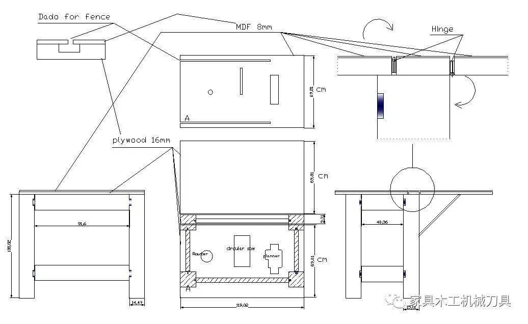 一款多用途鏤銑臺鋸切和刨削三合一木工工作臺cad設計圖紙免費分享