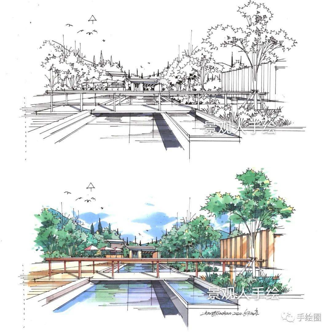 廣場水體實景案例表現景觀人手繪組最新的景觀手繪作品接下來給大家