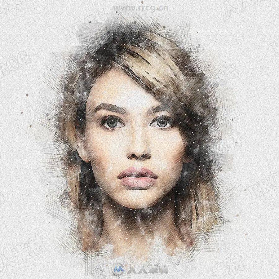 平面素材水彩晕染素描结合人物肖像艺术图像处理特效ps动作