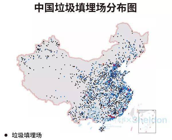 在地图中,每一个黑点都表示一个垃圾填埋场.