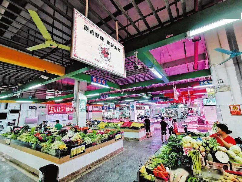 凤岭农贸市场里,菜品丰富,经营户摊位的蔬菜摆放整齐.