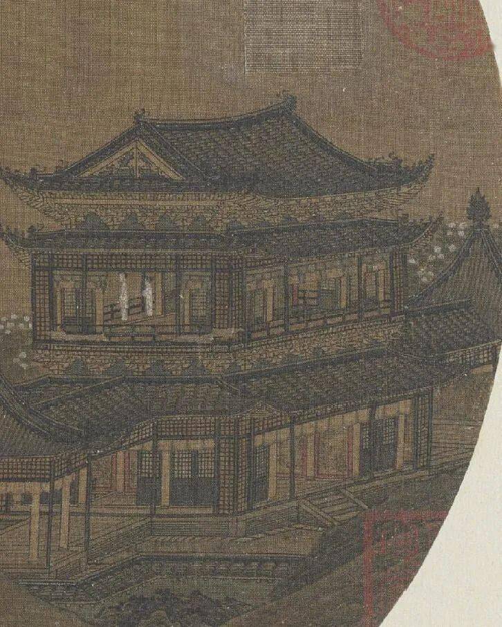 妇人携侍女凭栏远眺碧波中的归帆,虽然描绘的主体是没有生命的建筑物