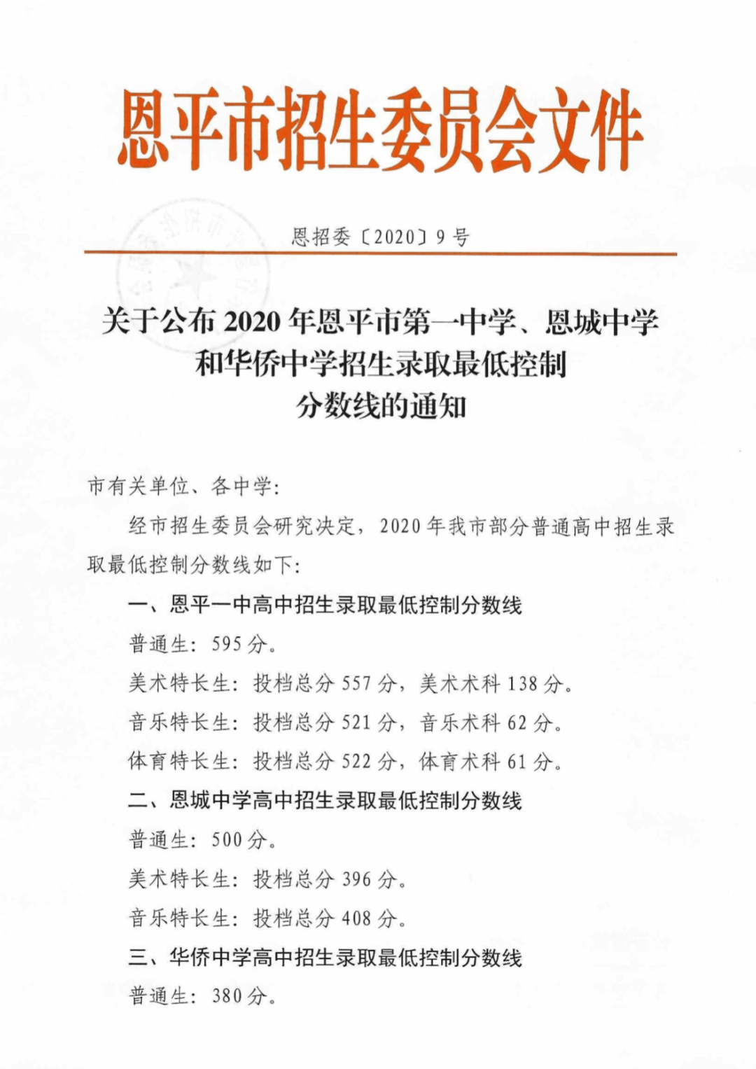中考放榜恩平一中恩城中学华侨中学录取分数线是