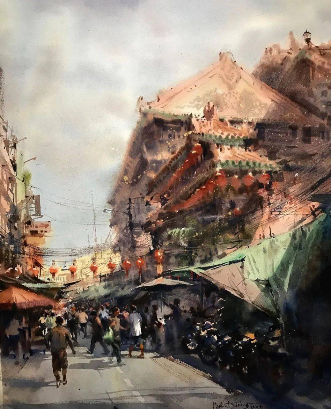缅甸水彩画家——mint naing作品欣赏(老街篇)