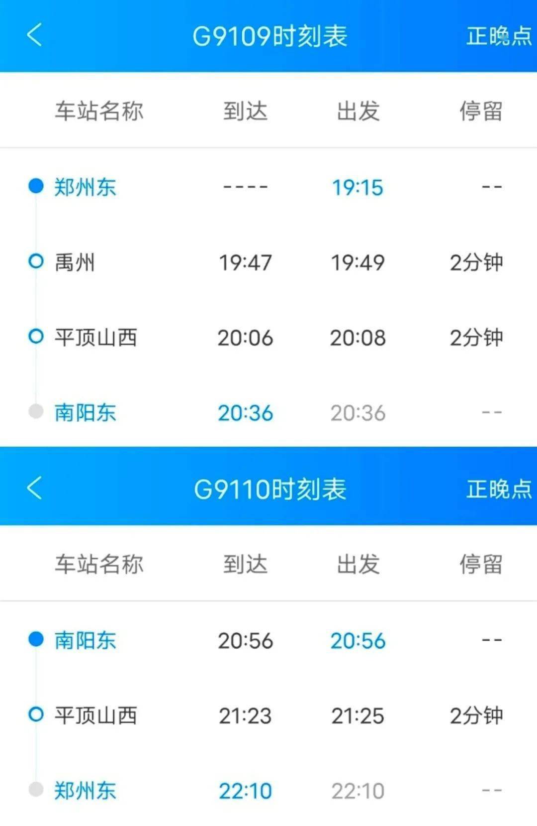 去程g9109次,19:15分由鄭州東站發出,中途停靠禹州,平頂山西二站,於20