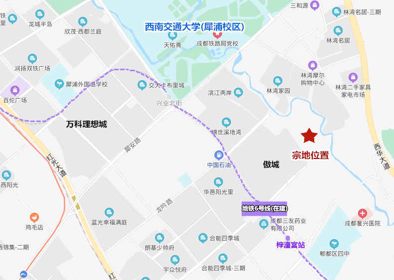 地块紧邻沱江河,直线距离地铁6号线梓潼宫站仅650米,周边有傲城,滨江