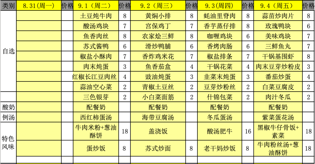 【食堂菜单公示9.1-9.4】新一周菜单来啦!