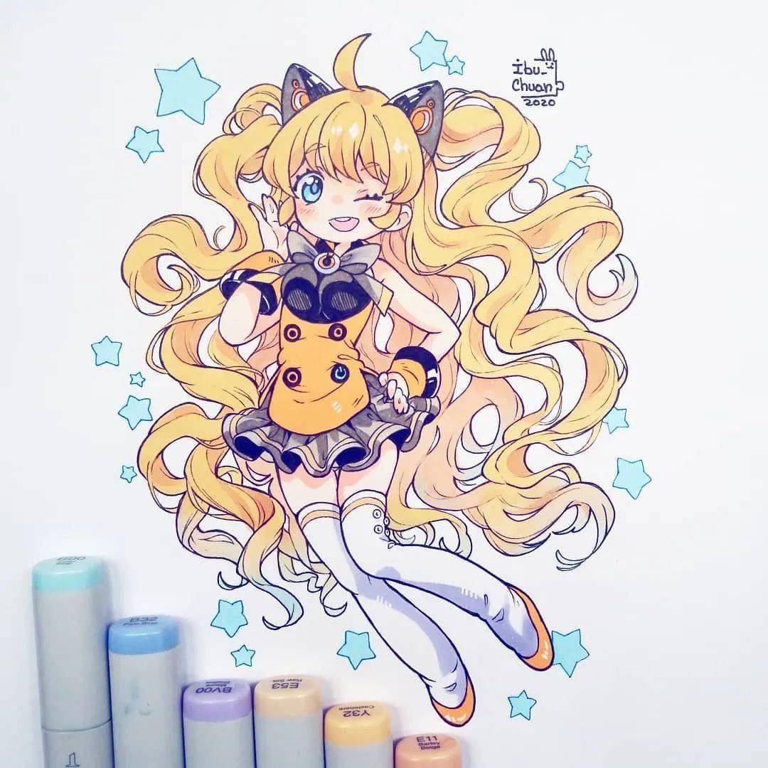 超级可爱q的马克笔动漫手绘线稿很漂亮