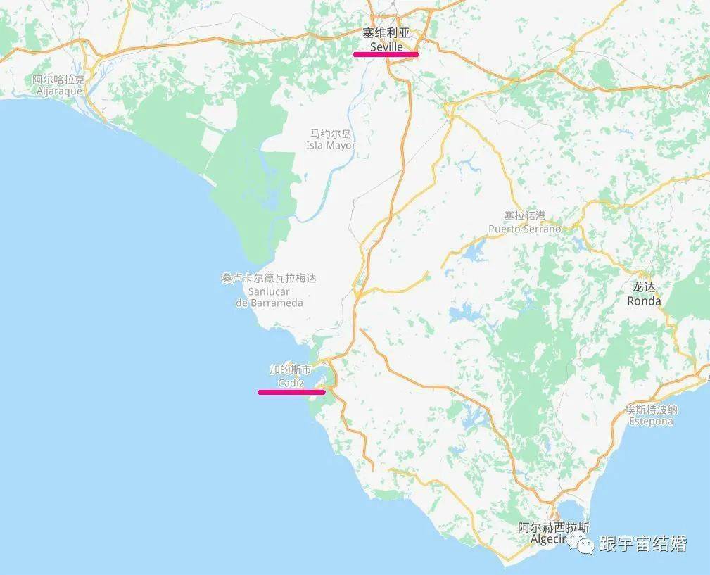 加的斯位于西班牙安达卢西亚大区西南沿海,塞维利亚以南大约 100 公里