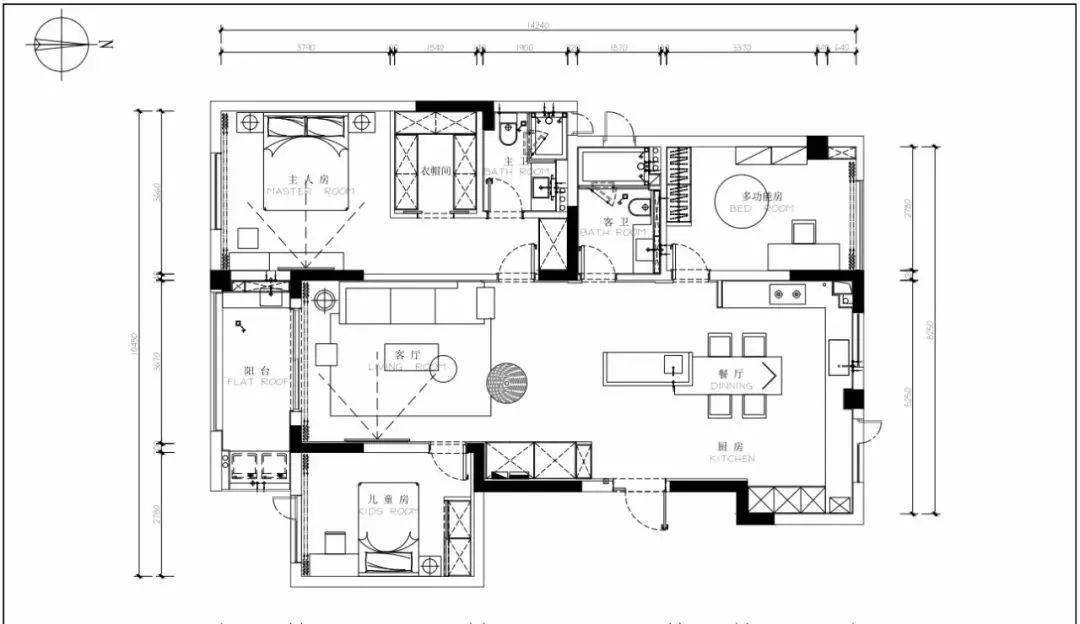 使用面积125平,入户即为西厨吧台与餐桌的视角,左侧一组鞋柜与客厅