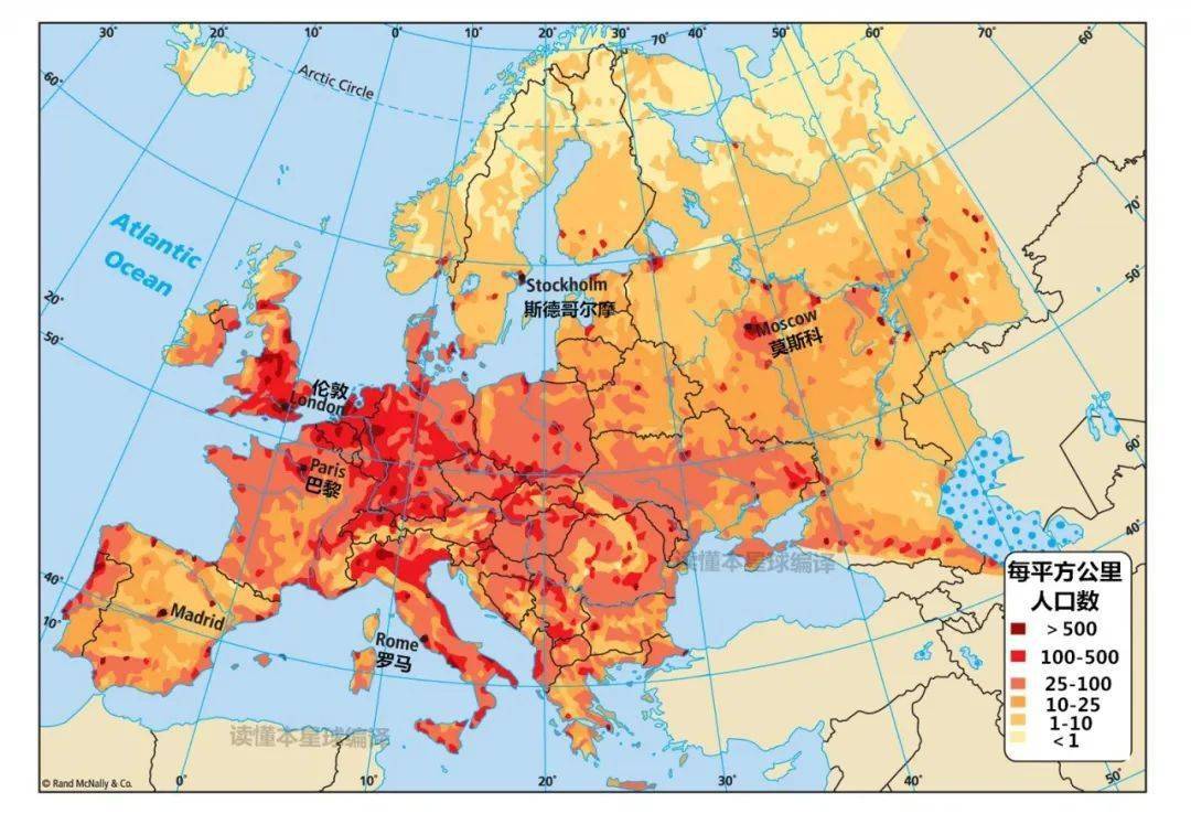 欧洲人口分布图,可以看到欧洲主要人口中心在中西欧,俄罗斯人口分布