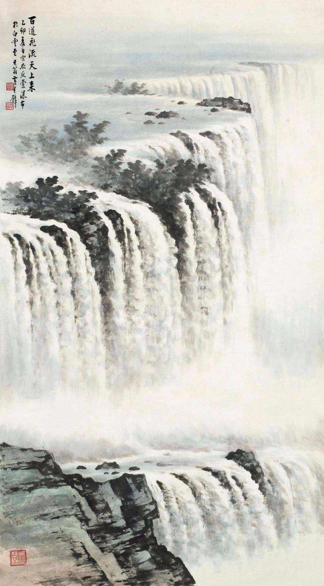 他画云水瀑布气势惊人