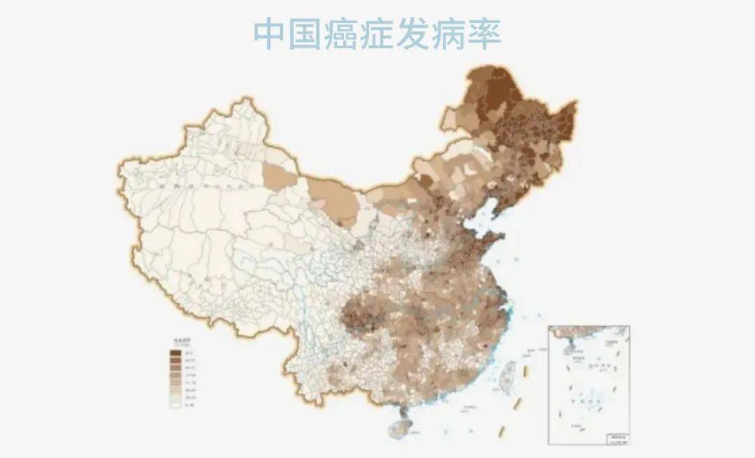 这张是中国肺癌发病率地图,颜色越深,发病率越高