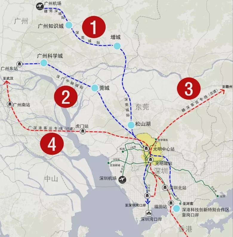 广深港客运专线,已开通3赣深客运专线,在建2深广中轴城际,规划中1