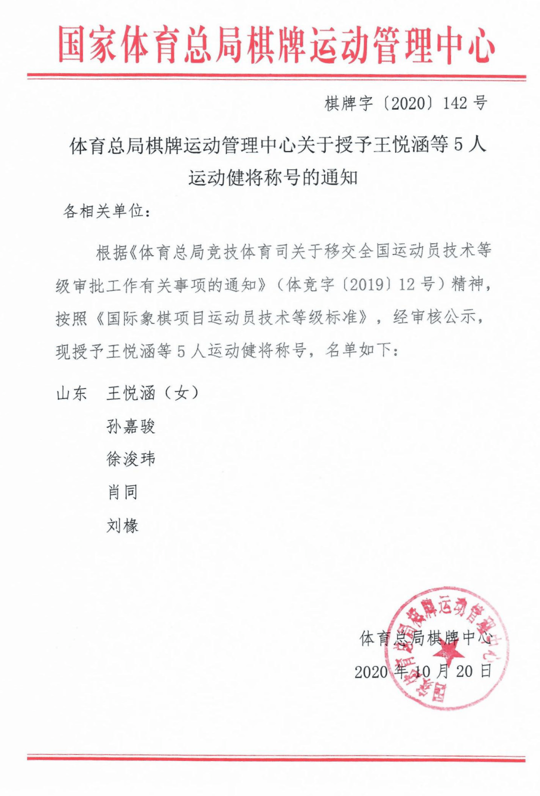 体育总局棋牌运动管理中心关于授予王悦涵等5人运动健将称号的通知