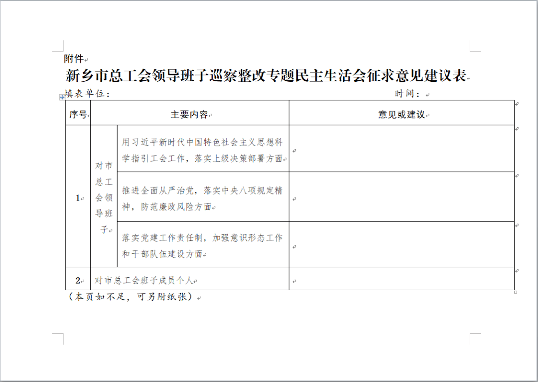 新乡市总工会领导班子巡察整改专题民主生活会征求意见建议表电子邮箱