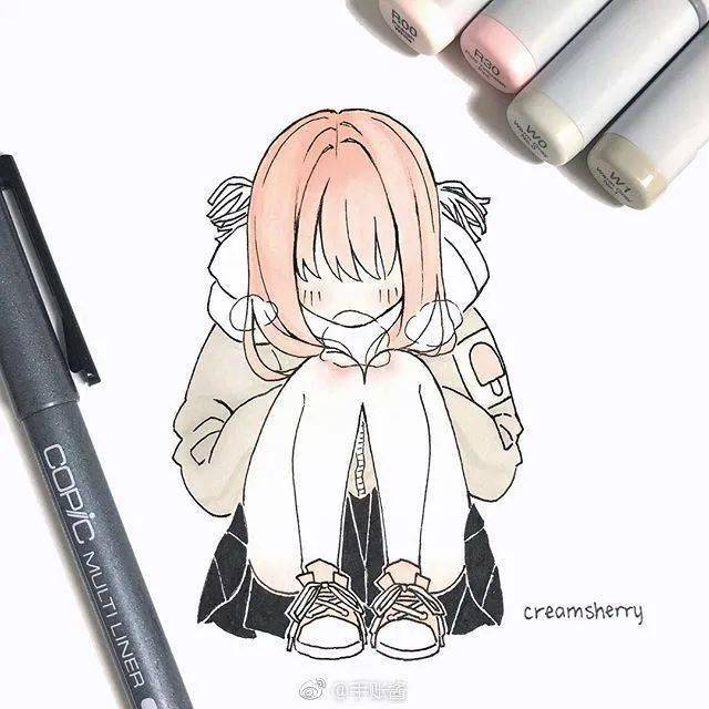 马克笔手绘一组可爱的卡通少女