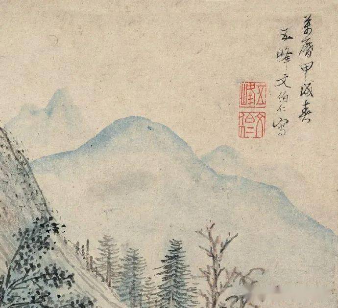 签条:文五峰山水画卷.张鲁叟标首,王晚闻居士诗跋.近圣居藏,简庵题签.