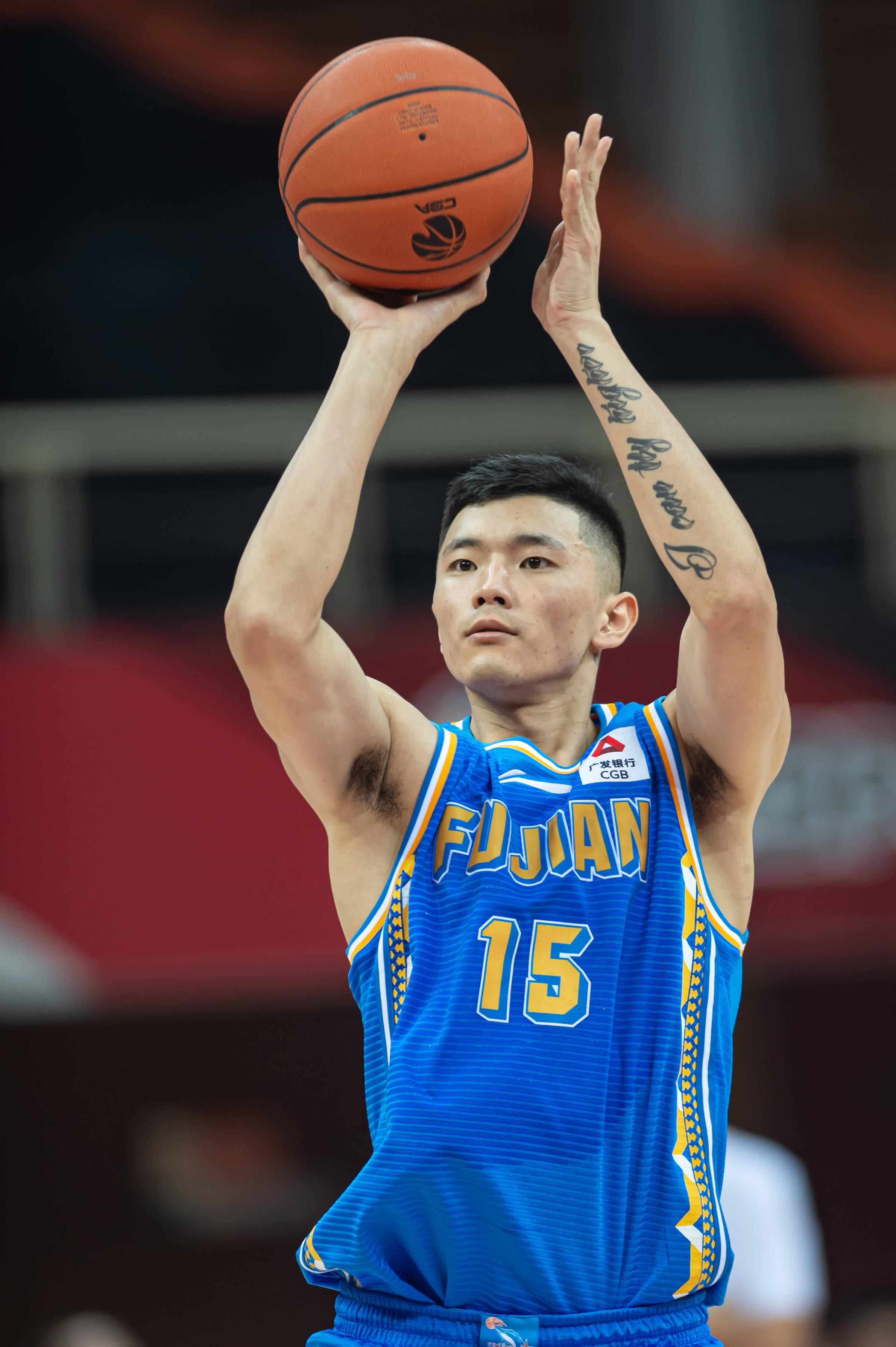 11月8日,福建豹发力队球员陈林坚(右)在上海久事队球员罗旭东