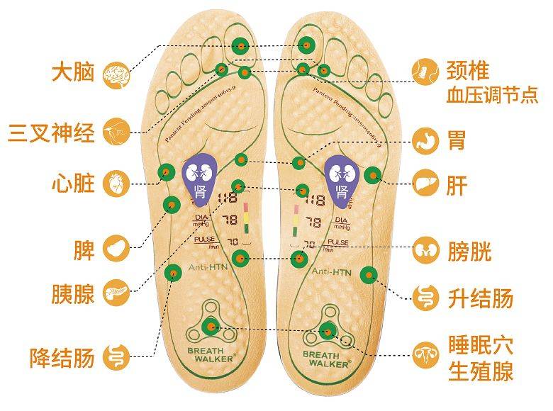 在鞋垫上设置了300多个凸起按摩点,20多处重点反射区按摩组合