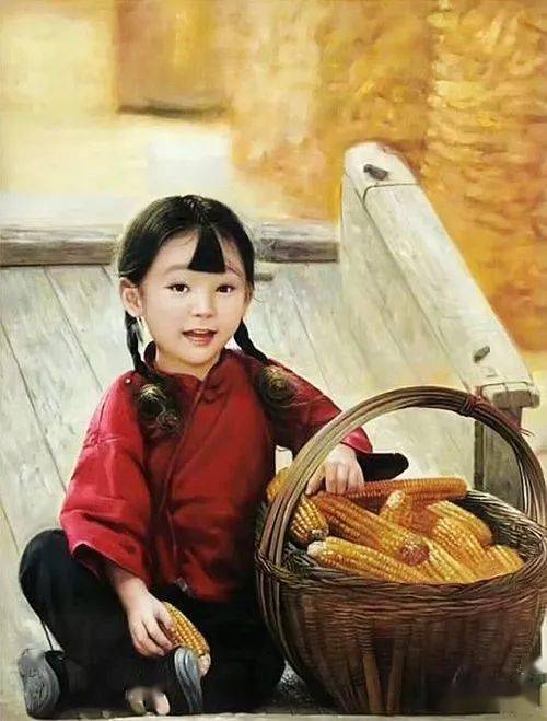 油画童真小女孩