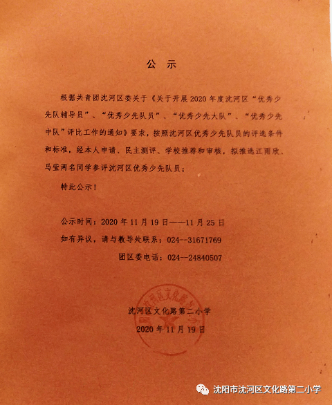 校园公示:沈河区优秀少先队辅导员,沈河区优秀中队,沈河区优秀少先