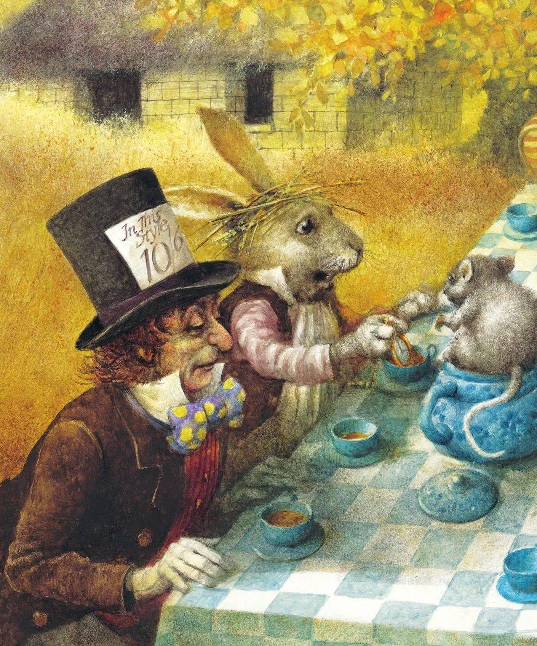 比如,《爱丽丝漫游奇境》里有一个著名的场景,就是爱丽丝和三月兔,制