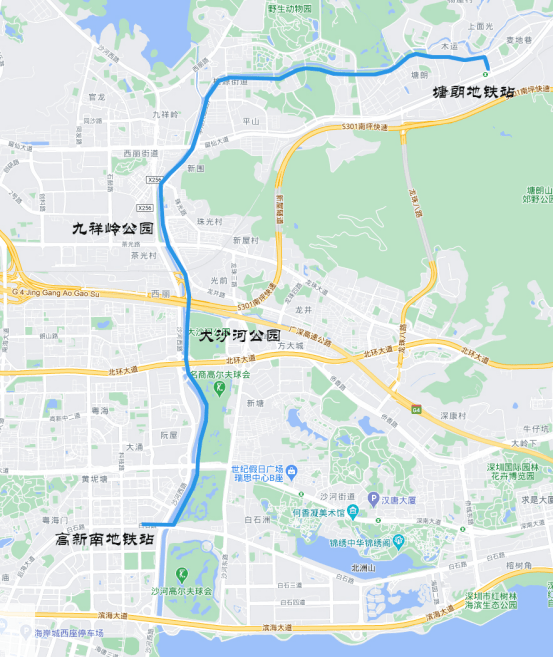 徒步线路:高新南地铁站——大沙河公园——九祥岭公园——塘朗地铁站