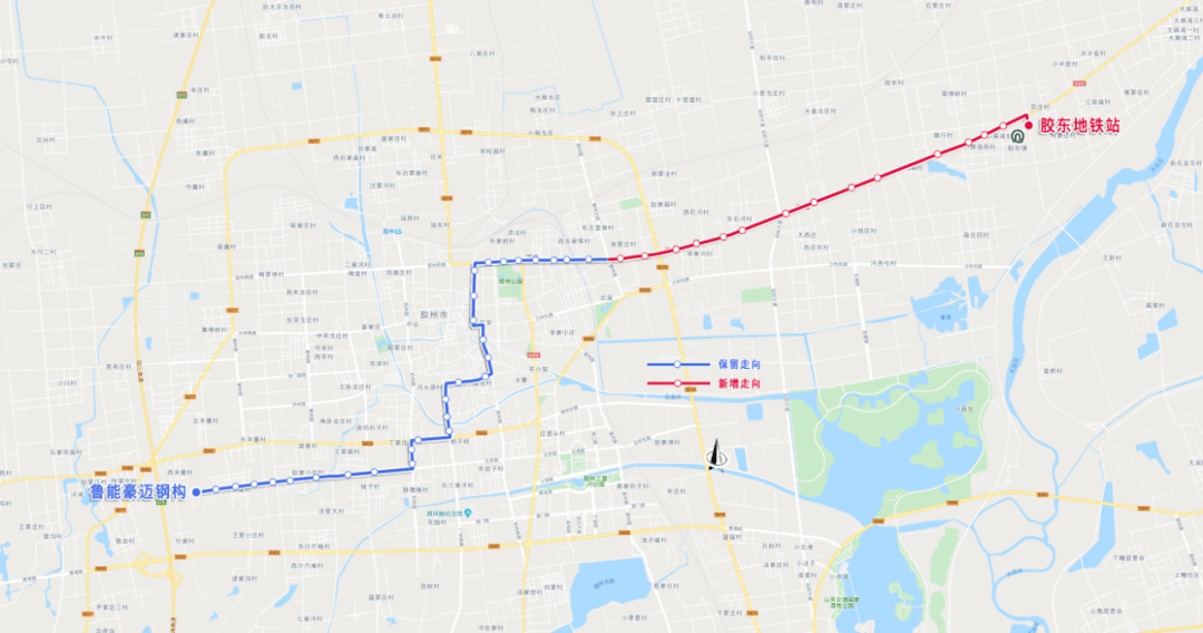 往返沿原線路至西五里堆站後,再沿膠州東路,g204,營舊路至膠東地鐵站