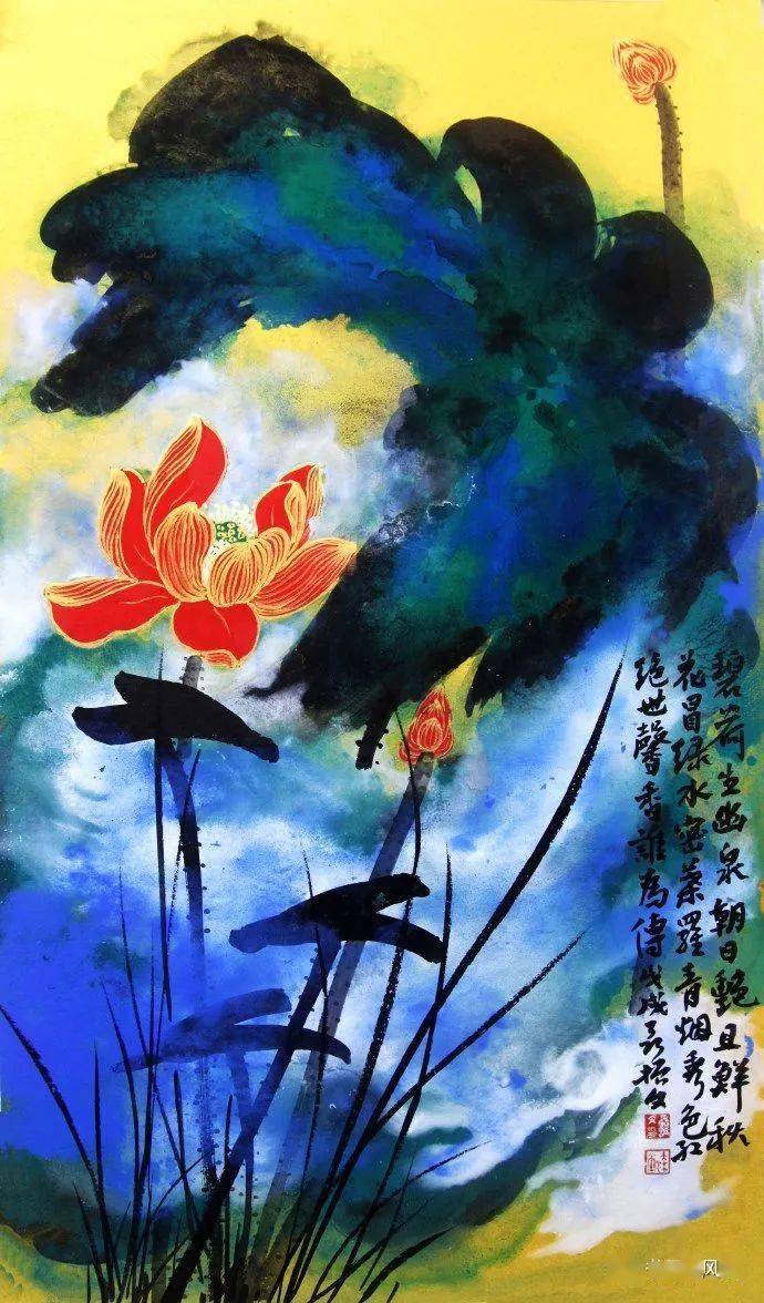 他是张大千再传弟子看看他的泼墨泼彩荷花