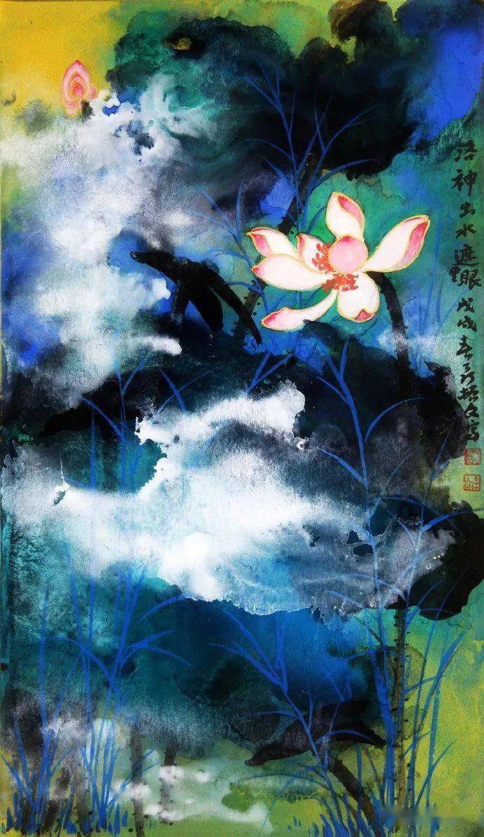 他是张大千再传弟子看看他的泼墨泼彩荷花
