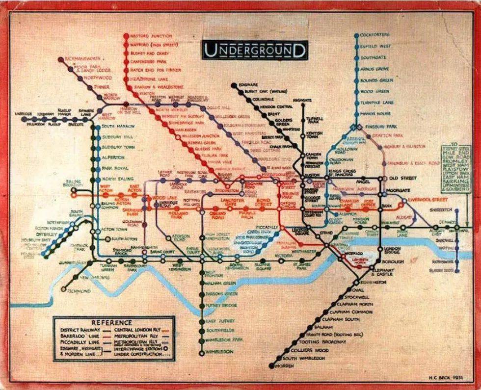1931年 哈利·贝克绘制的伦敦地铁图图源:https://londonist.