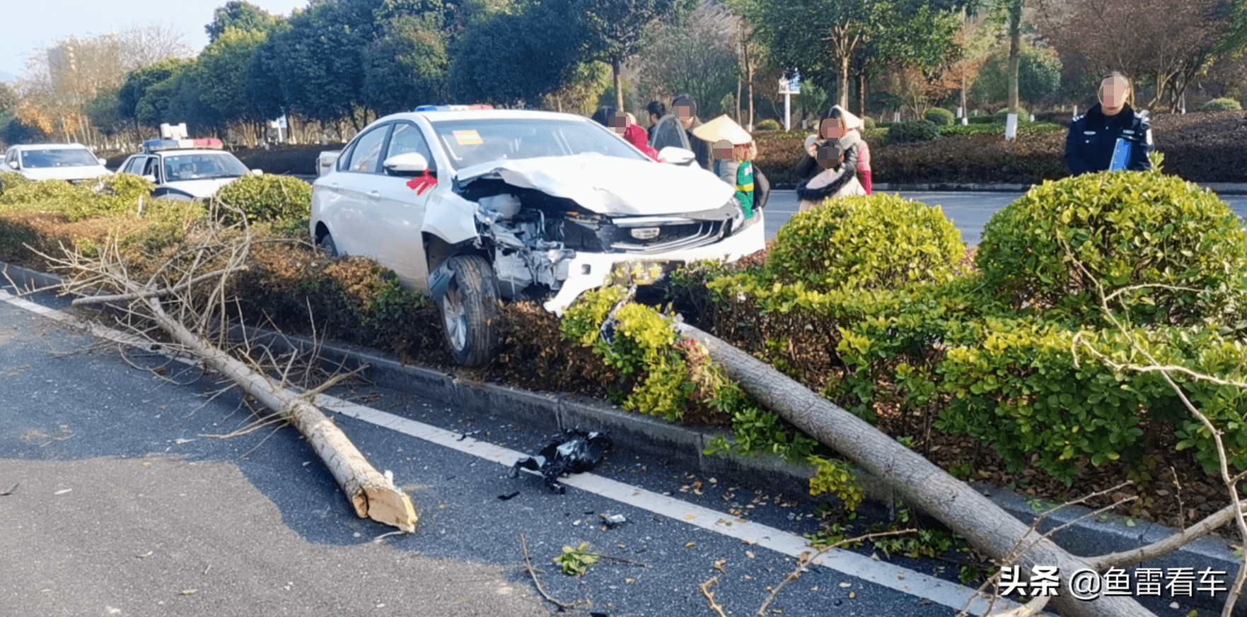 硬核型的碰撞刚买不久的吉利缤瑞冲撞花坛隔离带撞断两棵树