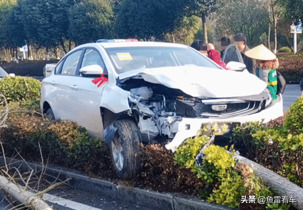 硬核型的碰撞刚买不久的吉利缤瑞冲撞花坛隔离带撞断两棵树