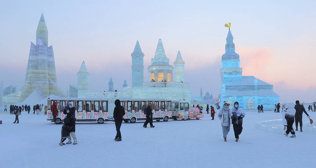 哈尔滨：元旦小长假第一天 冰雪大世界吸引如织游人