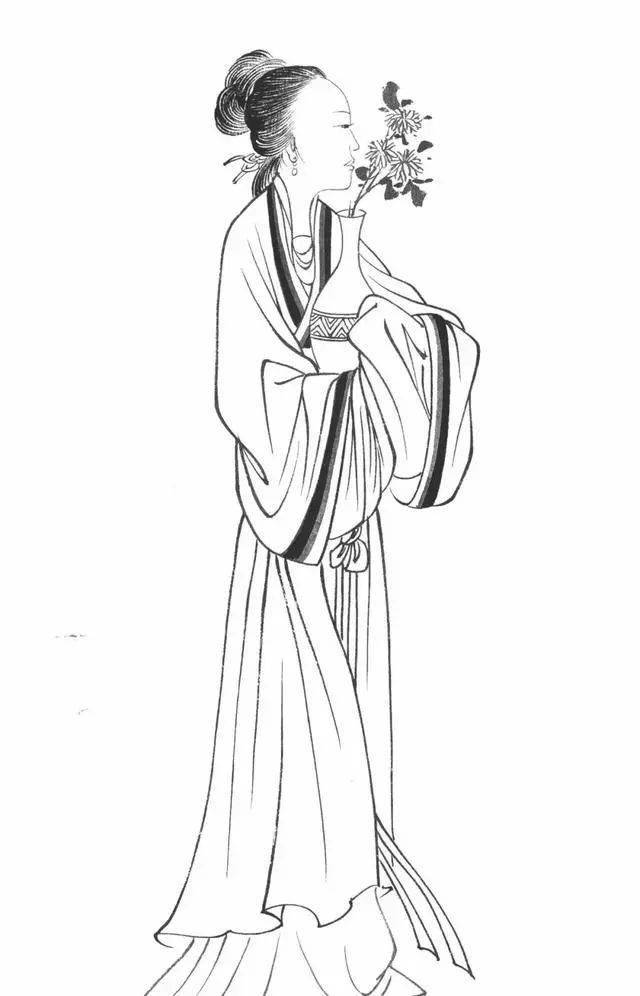 工笔线描仕女画谱步骤五:深入刻画人物的面部及服饰,调整画面并整理