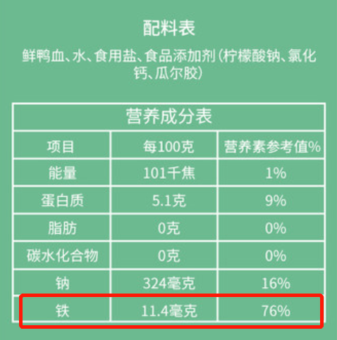 而下图这款,营养成分表中并没有标注铁含量,但是配料表中"水"是排在第