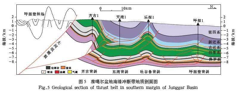 准噶尔盆地南缘发育多套烃源岩,多套储盖组合,多排背斜大构造(图5).