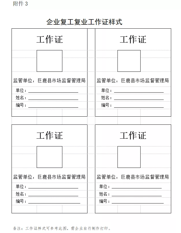 城区个体门店复工复业正负面清单附件4:疫情防控承诺书附件3:工作证