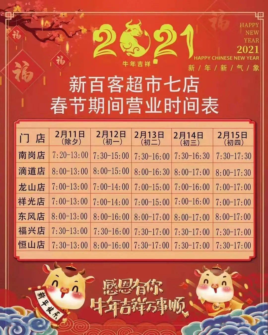 新百客超市春节期间各店营业时间
