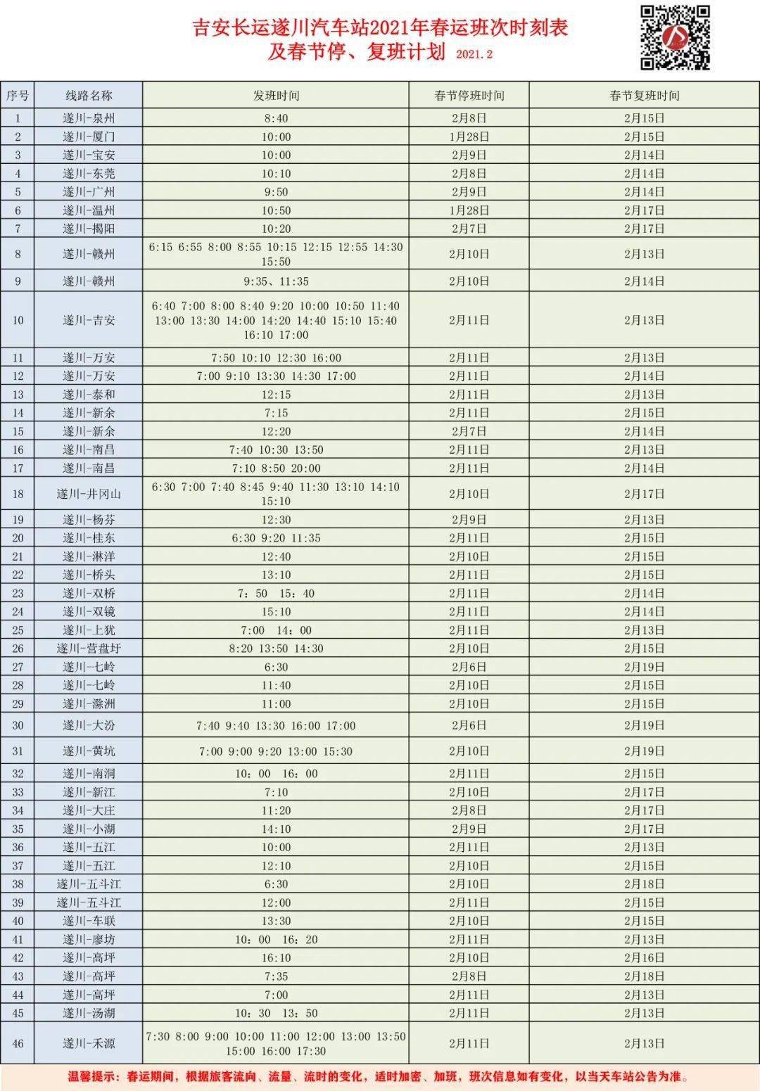 春運期間遂川汽車站發車時刻表!快收藏起來!_吉安