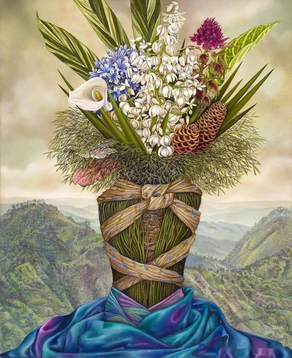 艺术家将绽放的花儿穿进了女子的衣服里