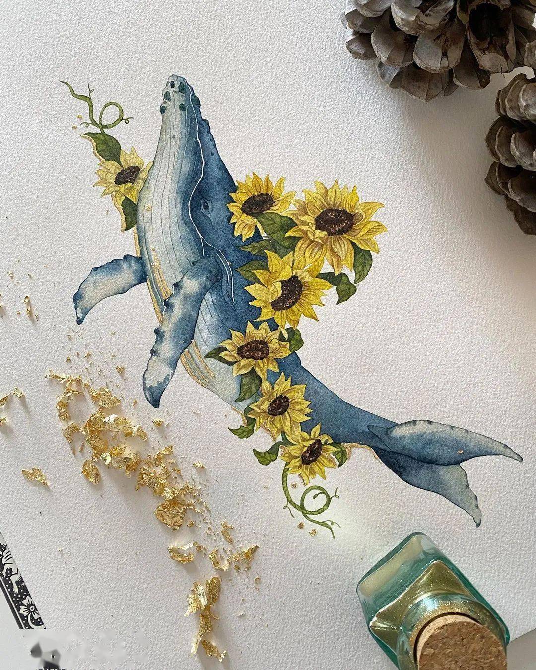 唯美的鲸鱼水彩插画