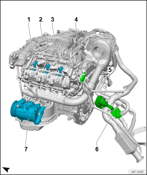 2019年款奥迪a8d5车型6缸柴油发动机元件位置图解说明