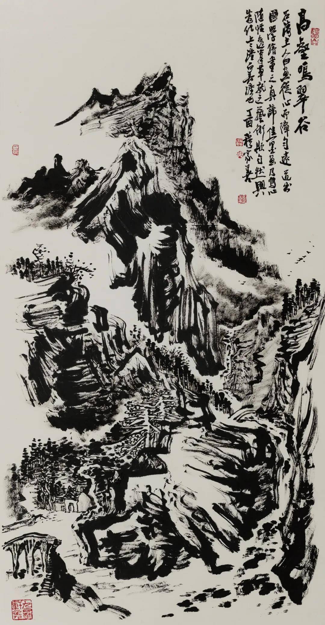 穆家善《高壑鸣翠谷》焦墨画 138×69cm 2017年在多年奔波于东西方各