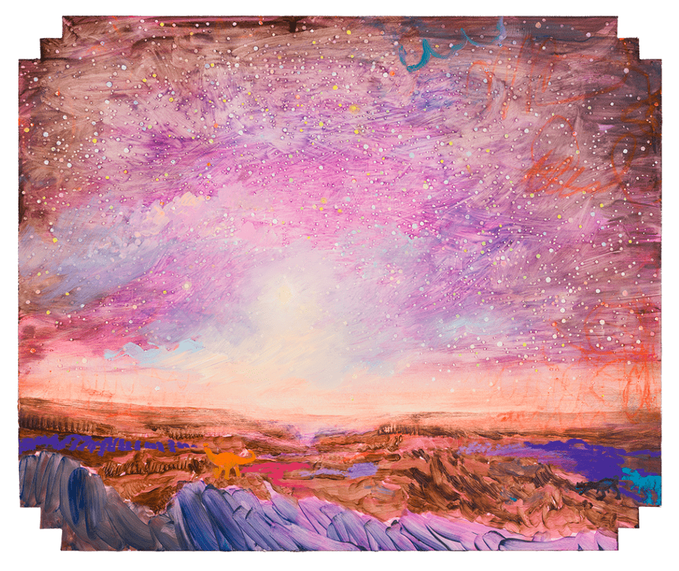 《有几只恐龙的粉色景致》,2020,木板油画.